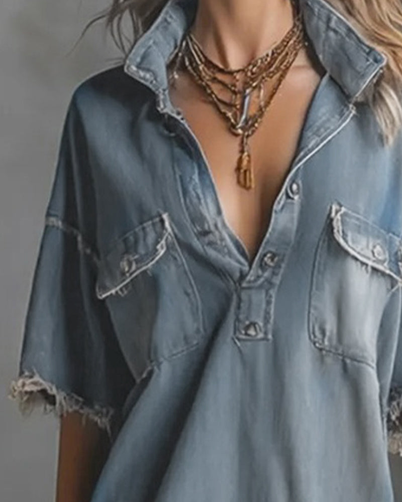 Sinitta | Denim Style Oversized Collar Shirt Dress