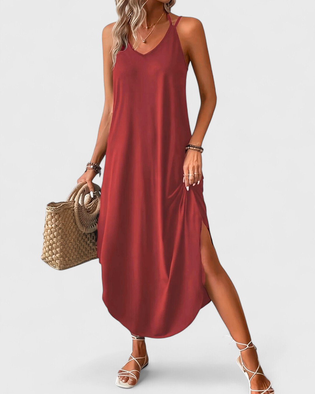Tracie | Midi Dress V Neck Side Slit
