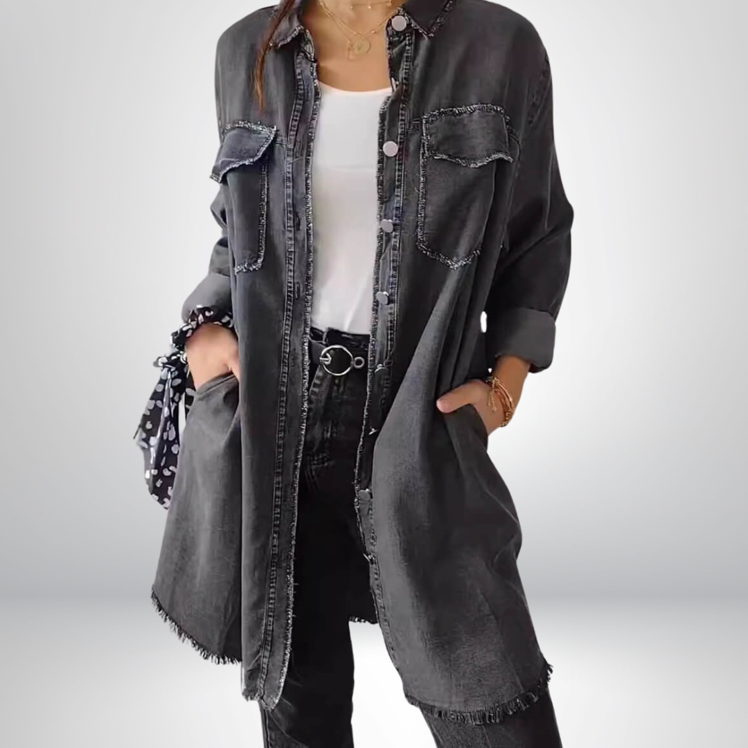 Krystyna | Denim Jacket Longline Collared Button-Front Style