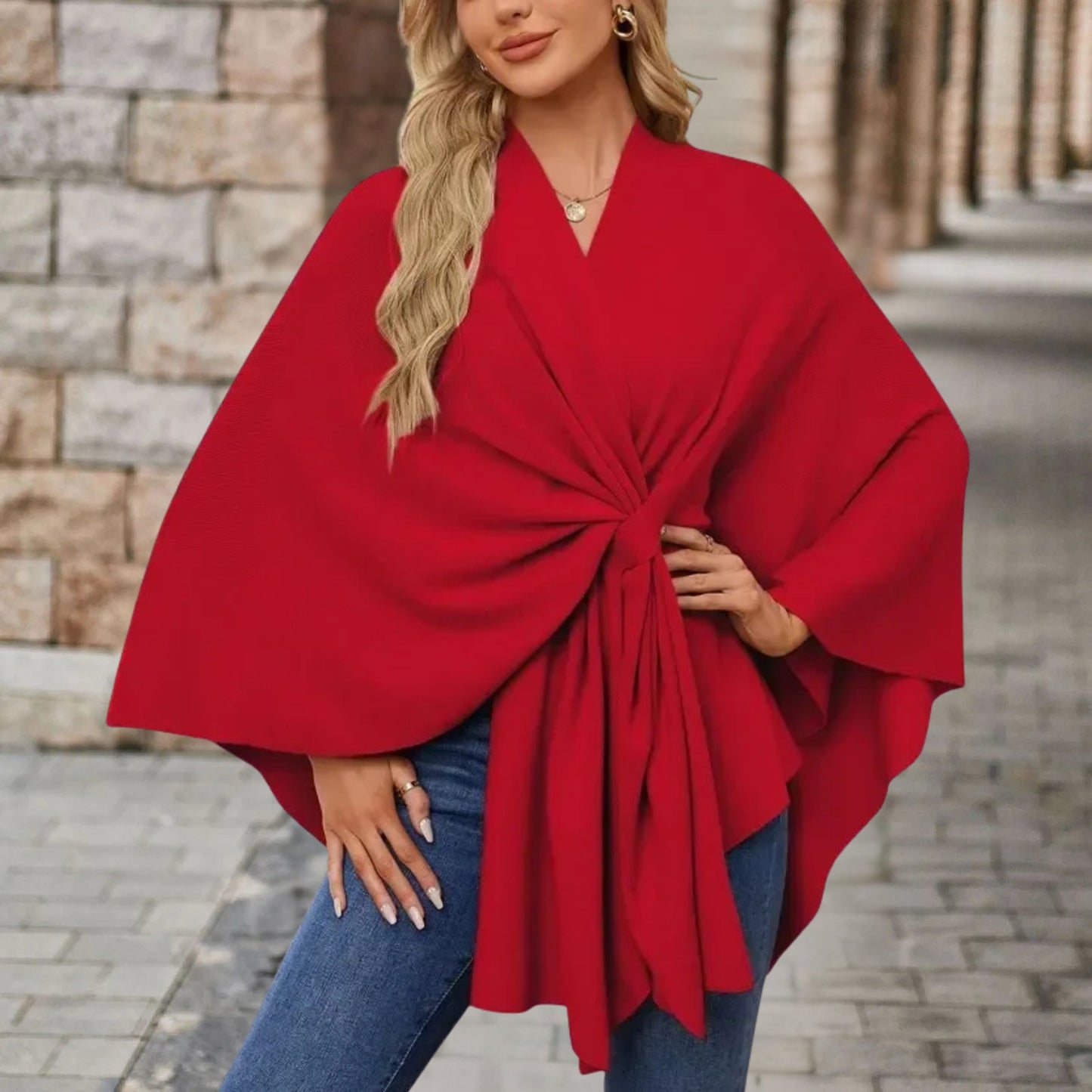 Helin | V-Neck Knotted Front Wrap Poncho