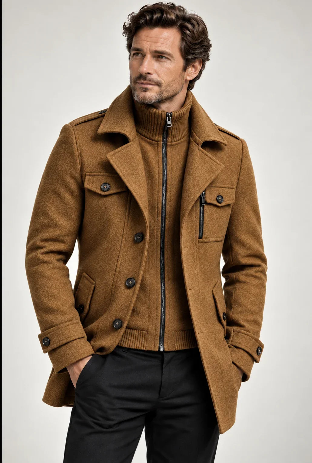 Erasmo | Coat with Notched Lapels and Ribbed Collar