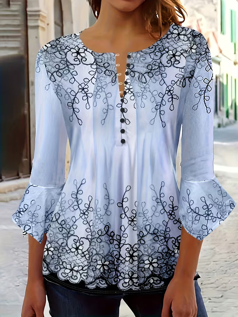 Mesley | Floral Print Round Neck Button Blouse