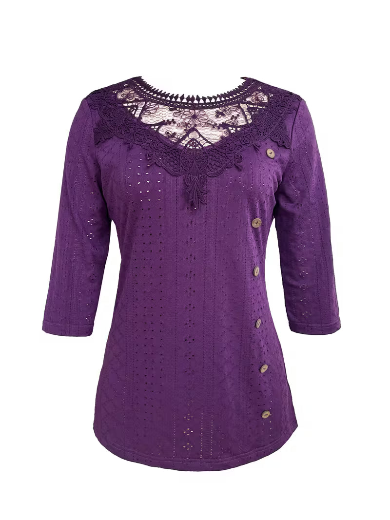 Svevelle | Lace Yoke Button Detail Top