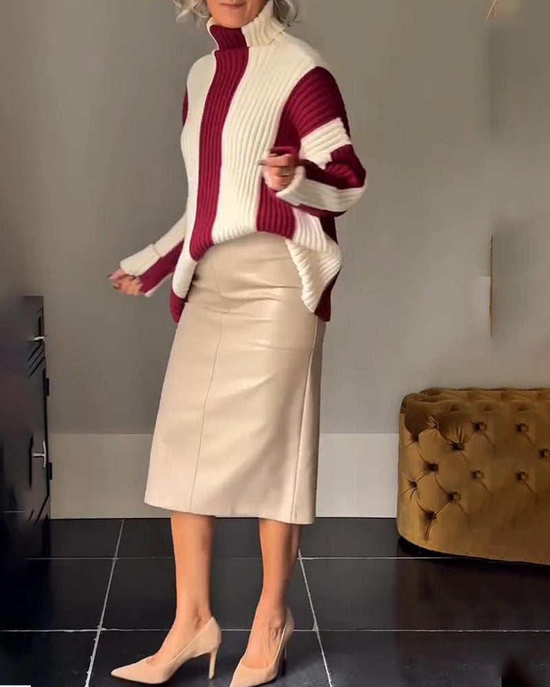 Pauline | Sweater Burgundy White Striped Ribbed Turtleneck