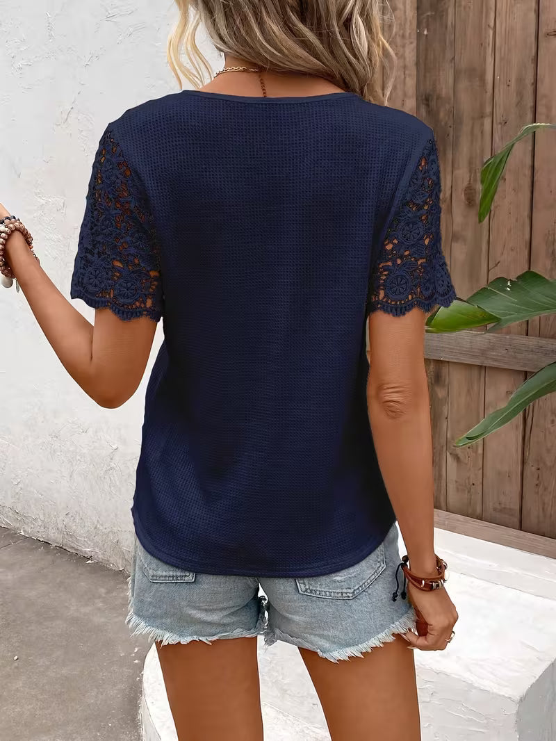 Sinna | Lace Yoke Short Sleeve Henley Top