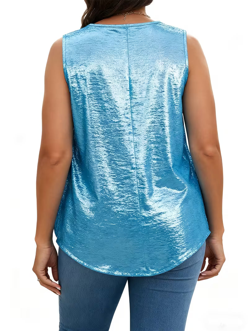 Shivina | Metallic Scoop Neck Pleated Tank Top