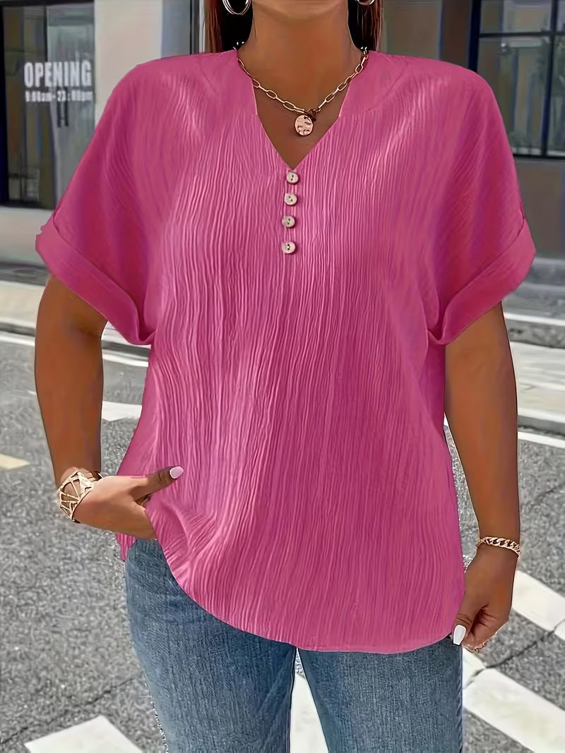 Mrella | T-Shirt with V-Neck Button Front Texture
