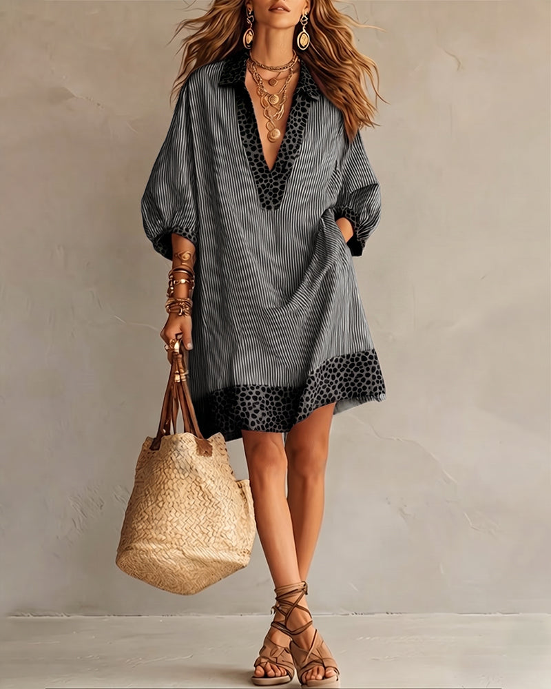Marget | Mini Dress Striped Leopard Panel Puff Sleeves