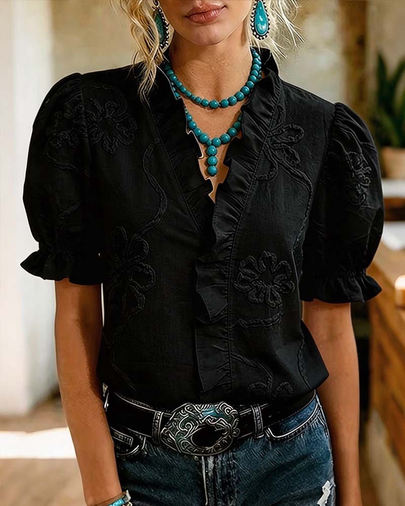 Lillynn | V Neck Ruffle Trim Puff Sleeve Blouse
