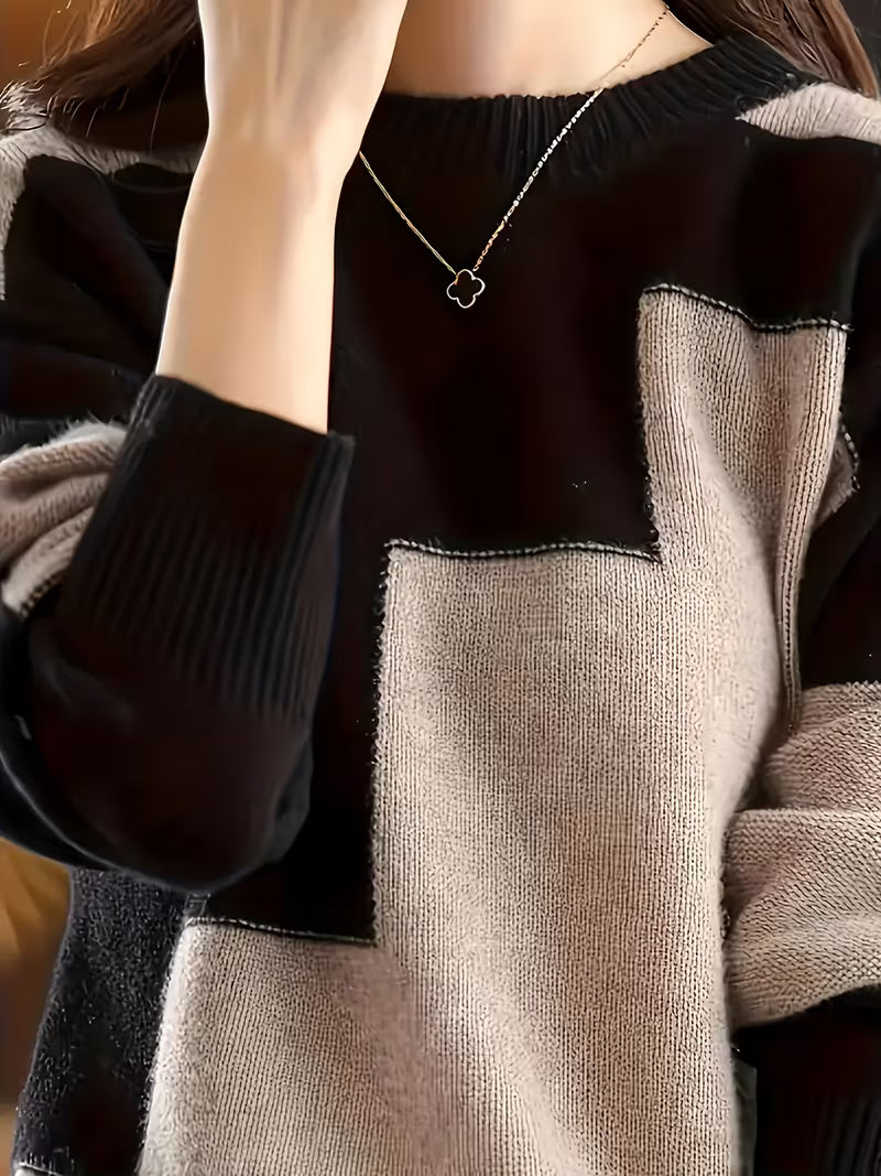 Marvelle | Color Block Crew Neck Long Sleeve Sweater