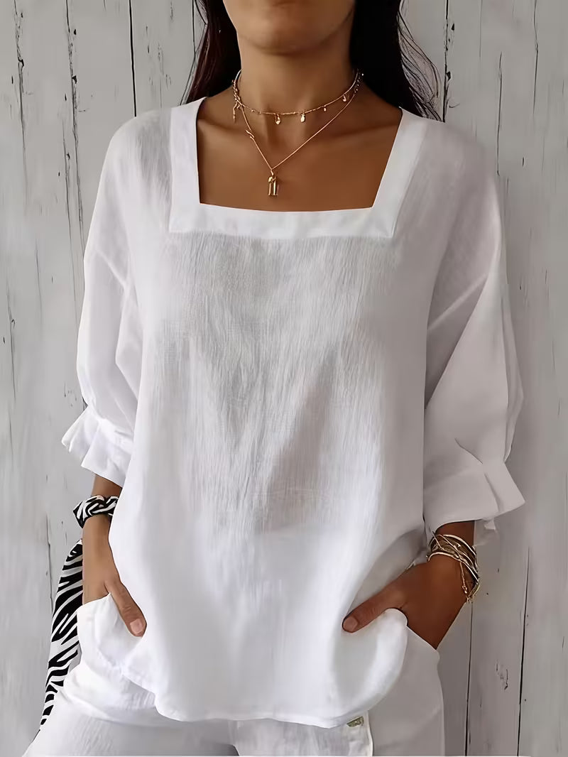 Theoella | Square Neck Long Sleeve Blouse in White