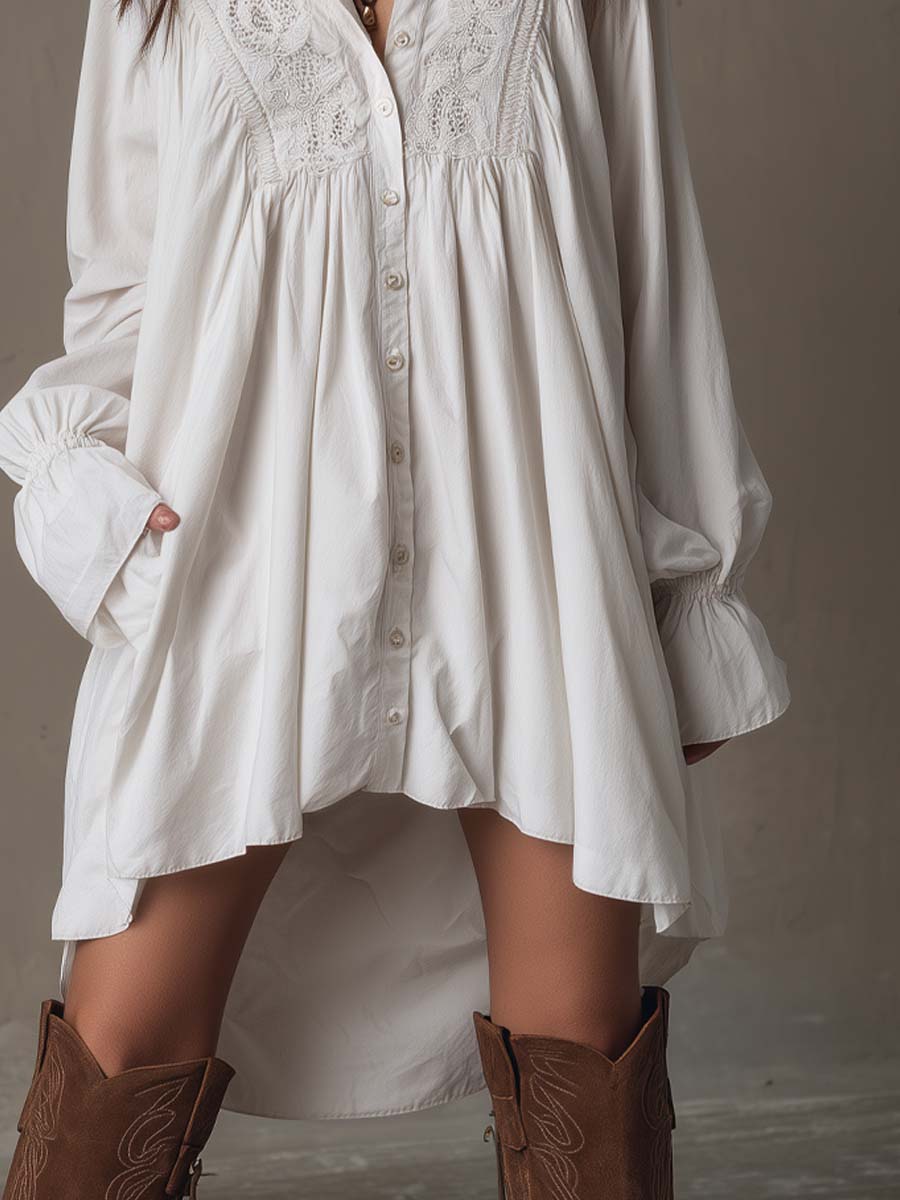 Amparo - White Embroidered Long Sleeve Shirt Dress