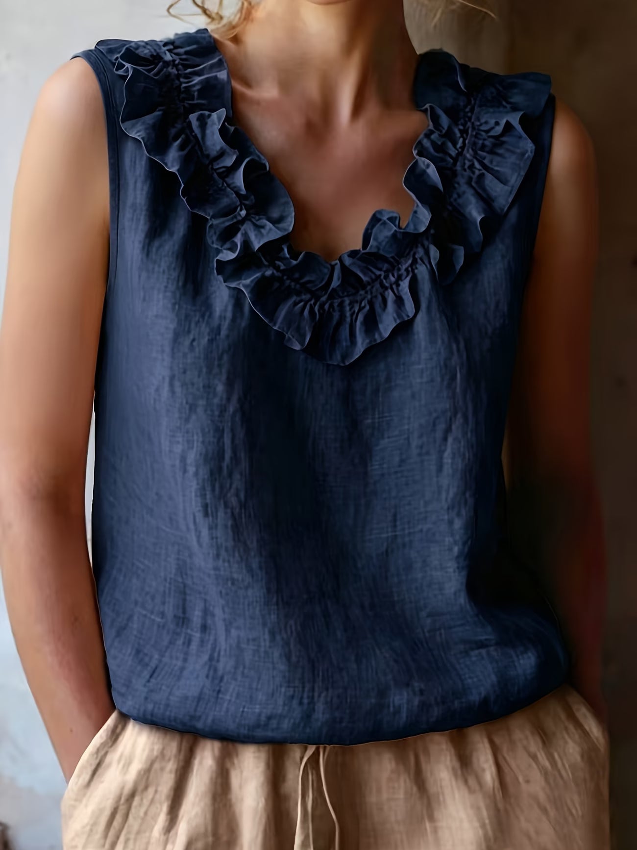 Safiya | Sleeveless Ruffle Neck Loose Blouse