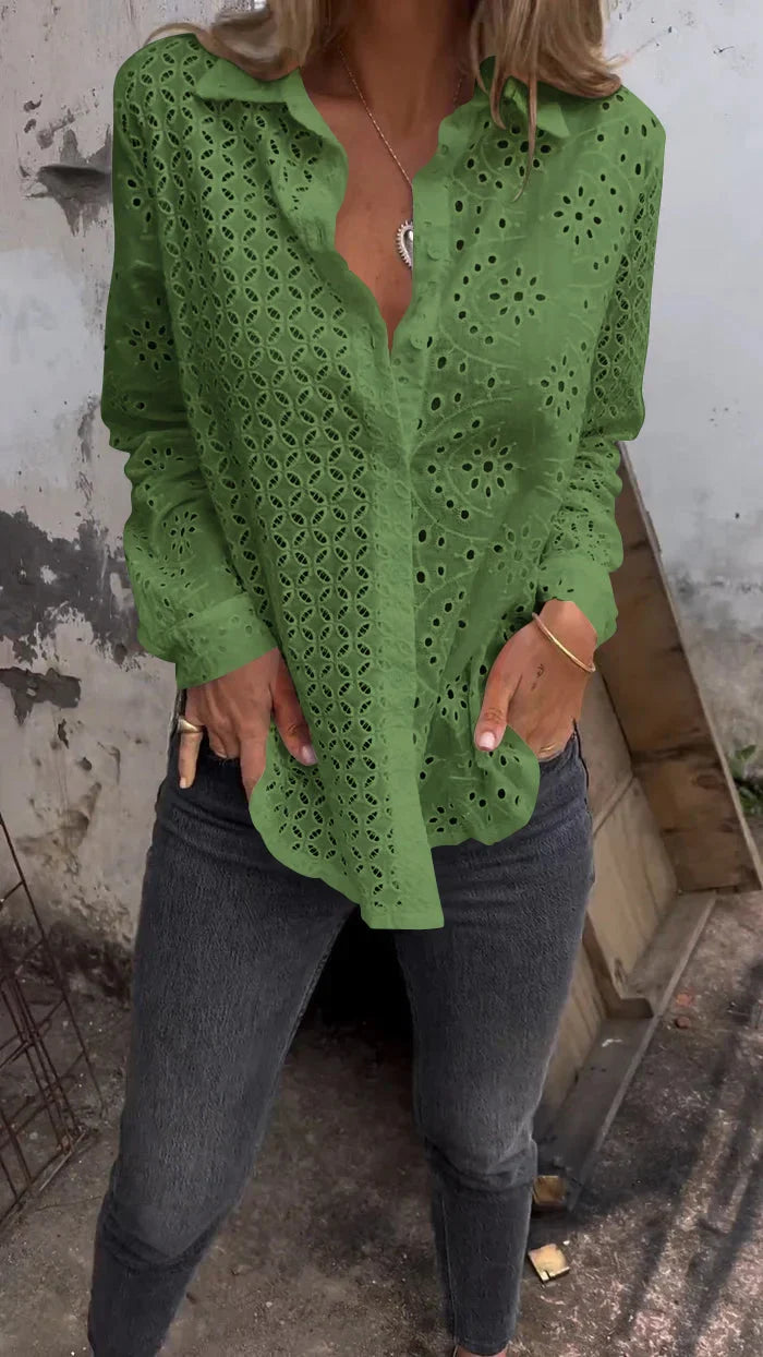 Tommie | Eyelet Button-Up Long Sleeve Blouse