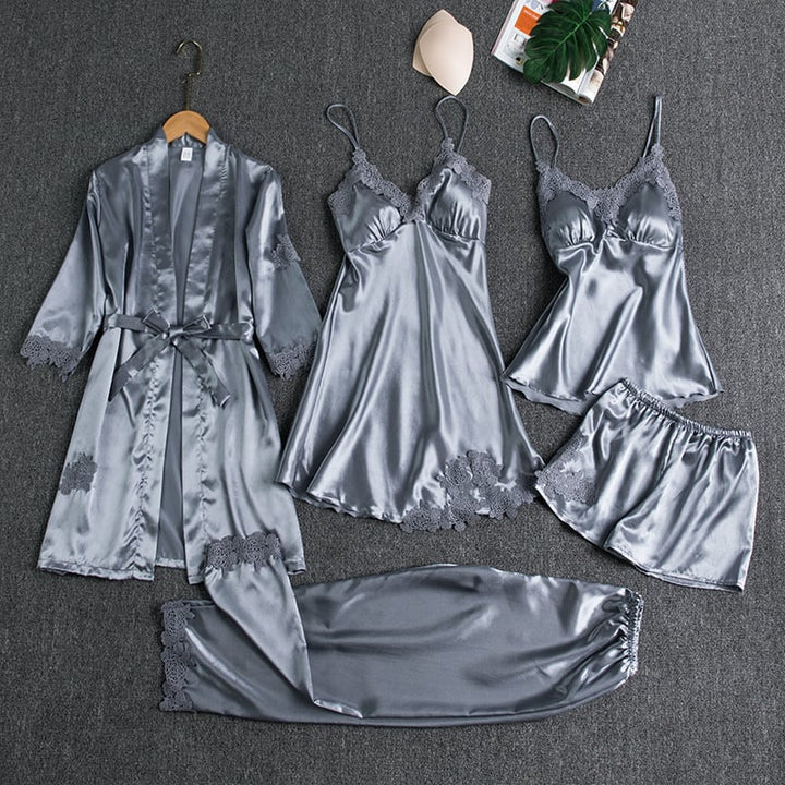 Noga | Satin Lace Five Piece Sleepwear Set