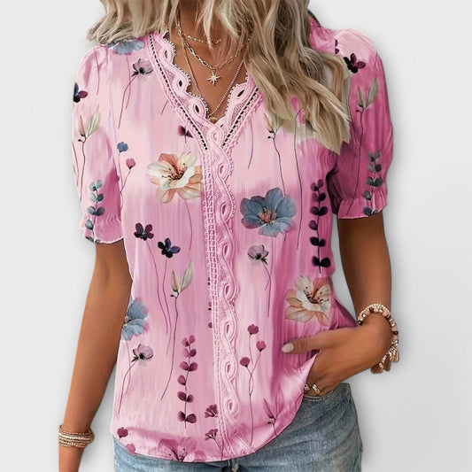 Bruni | Floral Print V Neck Lace Blouse