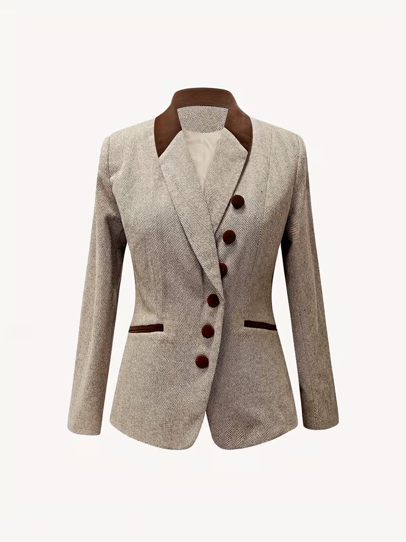 Yessica | Blazer Jacket Herringbone Notch Collar Beige
