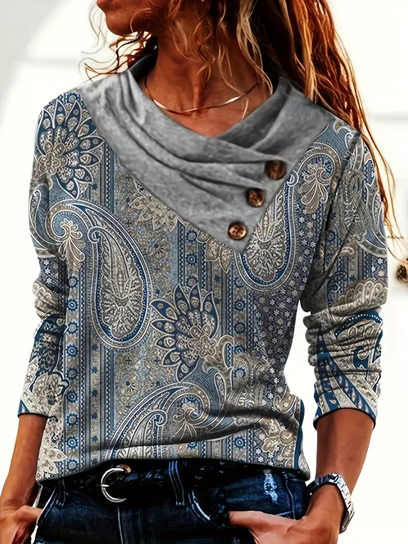 Vespora | Paisley Print Cowl Neck Top with Buttons