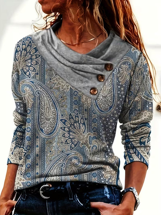 Vespora | Paisley Print Cowl Neck Top with Buttons