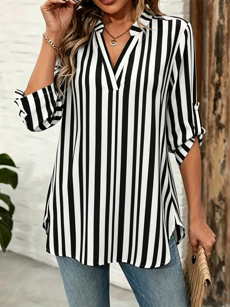 Elysis | V-neck Striped Loose Top with Adjustable Sleeves
