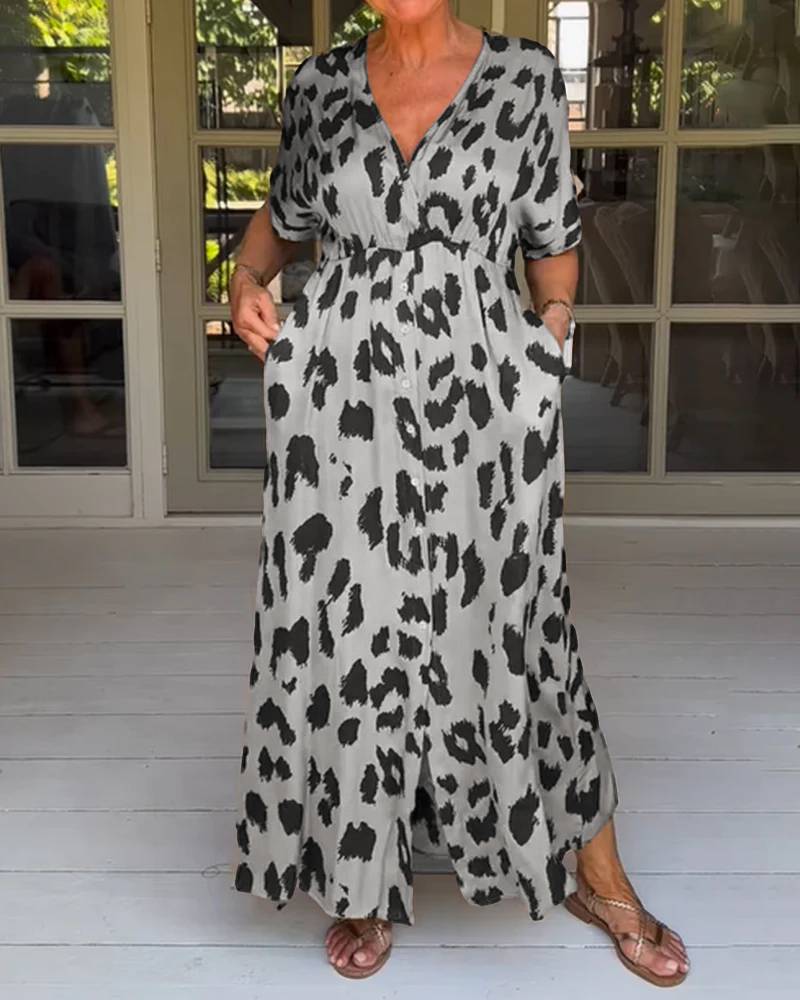 Kawtar | Maxi Dress Leopard Print V Neck