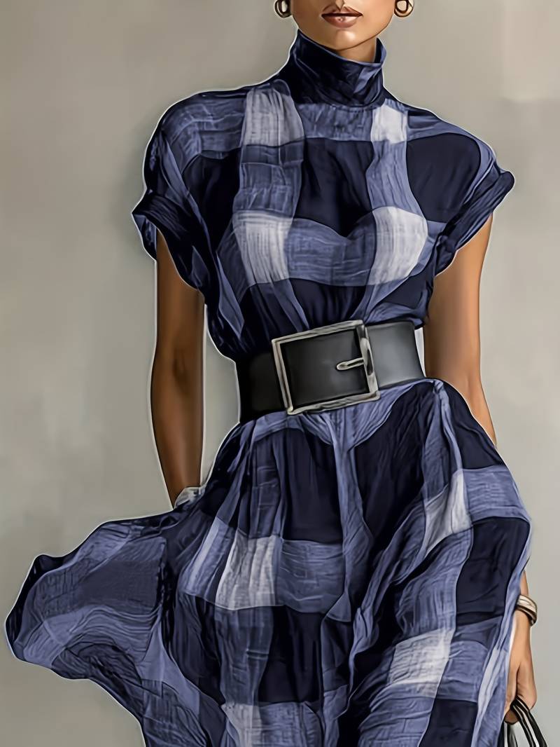 Nethara | Plaid High Neck Belted Maxi Dress