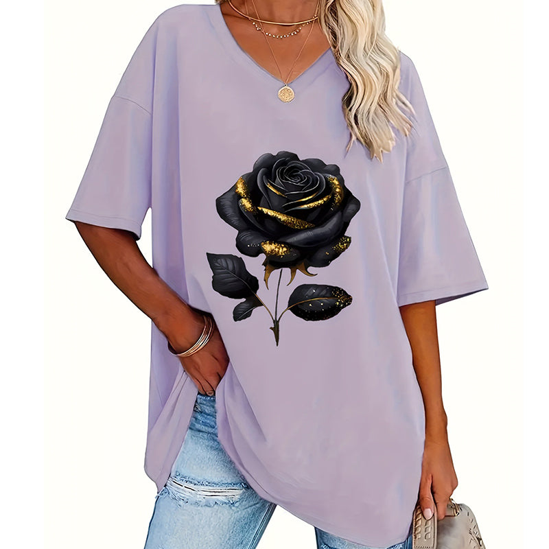 Aijia | T-Shirt Rose Print V-Neck Relaxed Fit