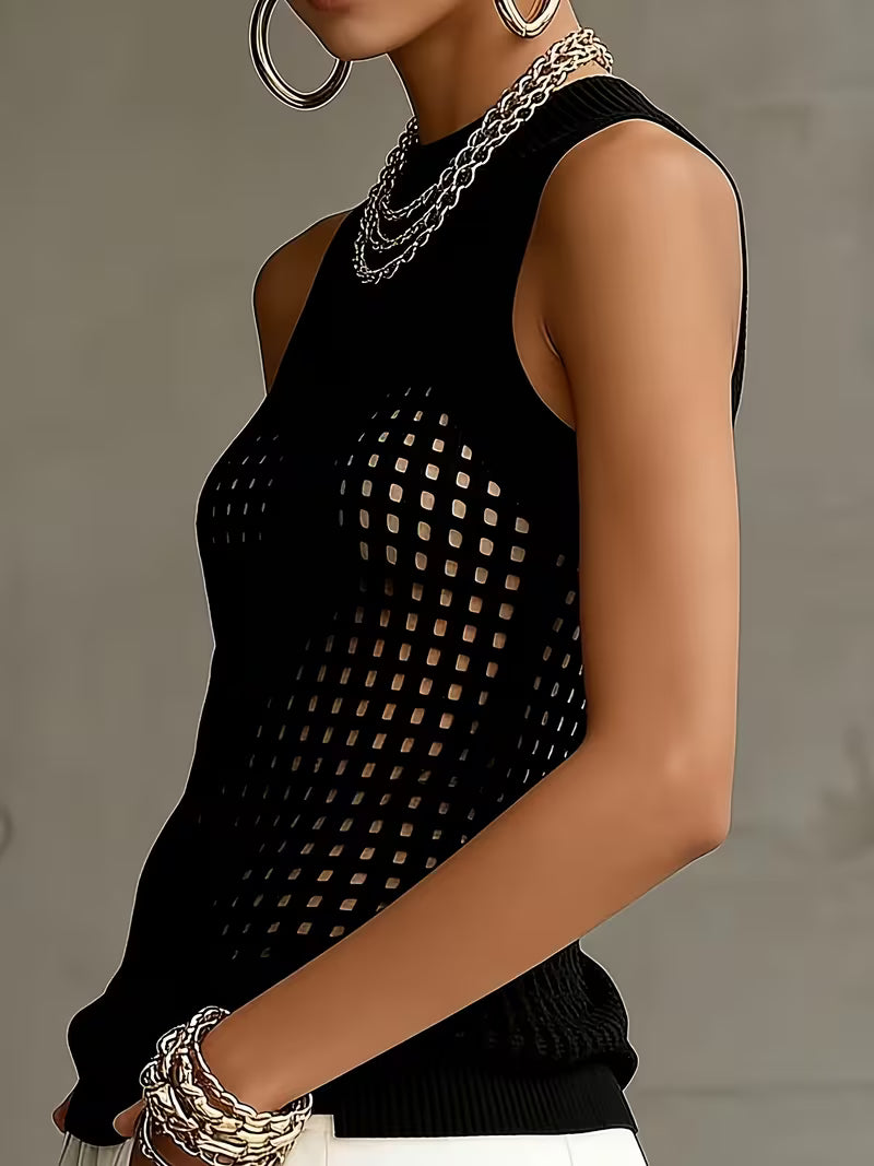 Raiane | Sleeveless Open Knit High Neck Top