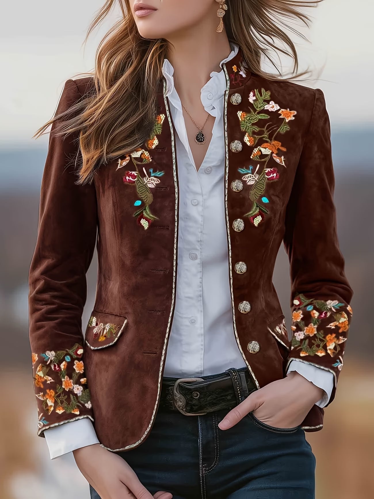Anisaa | Embroidered Button Front Stand Collar Jacket