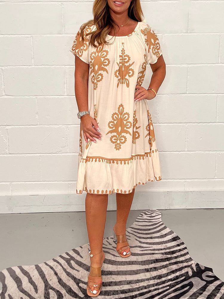 Gulfiya - Embroidered Print Round Neck Smock Dress