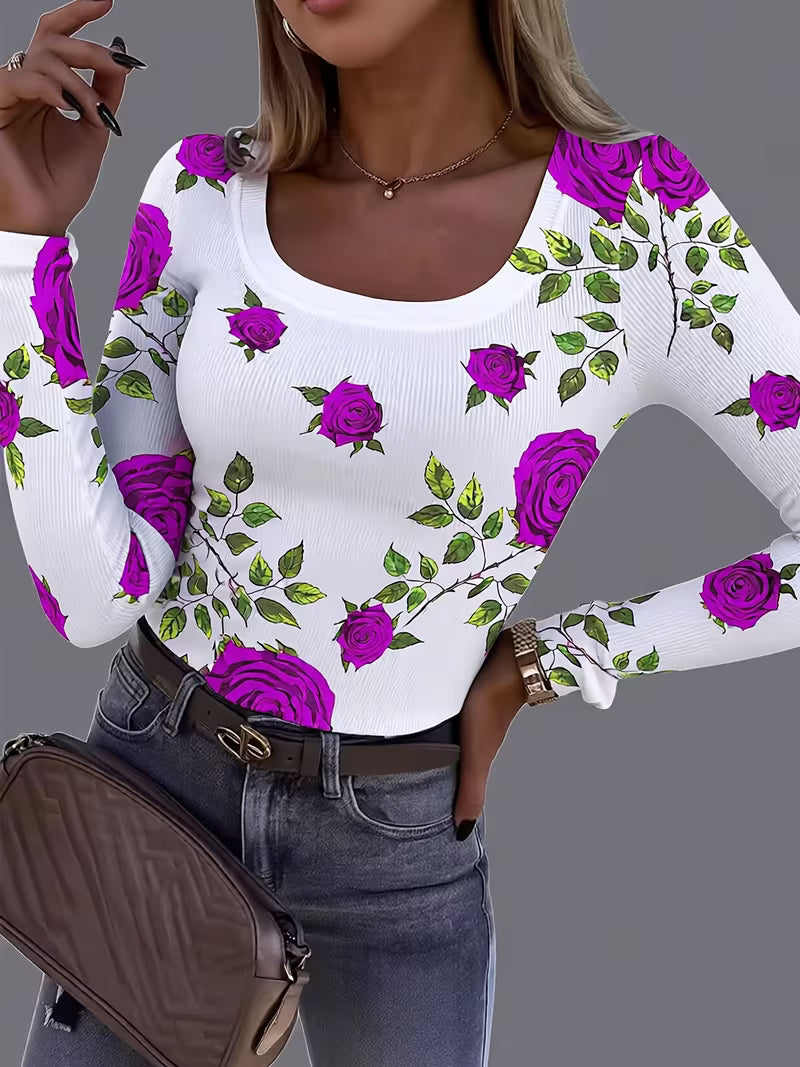 Rabiye | Long Sleeve Floral Print Ribbed Top