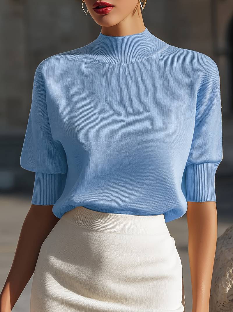 Jenni | Mock Neck Ribbed Short Sleeve Knit Top