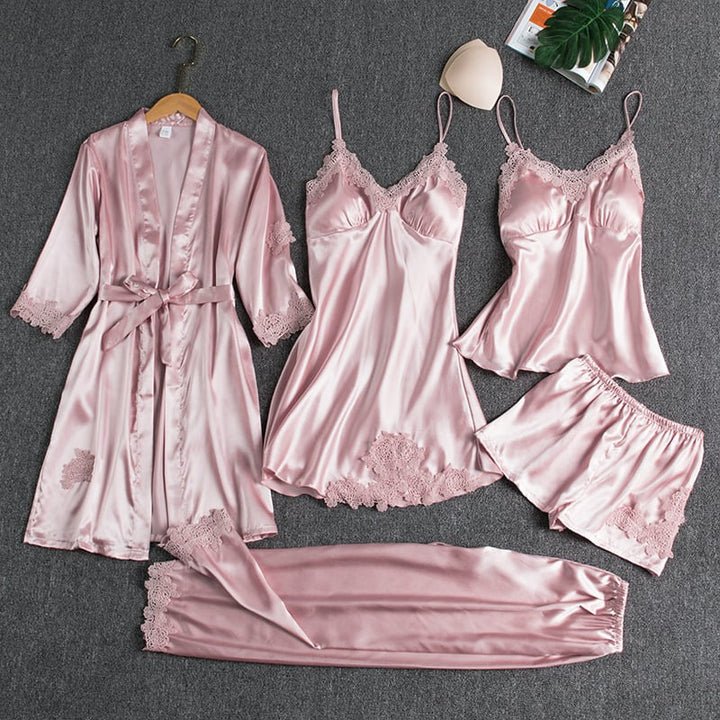 Noga | Satin Lace Five Piece Sleepwear Set