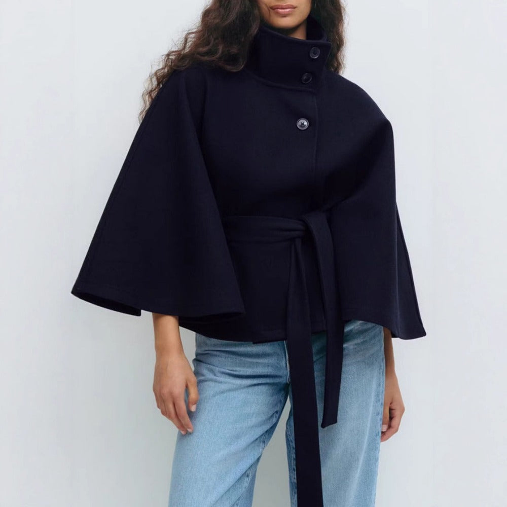 Araceli | Cape Jacket High Neck Belted Button Front