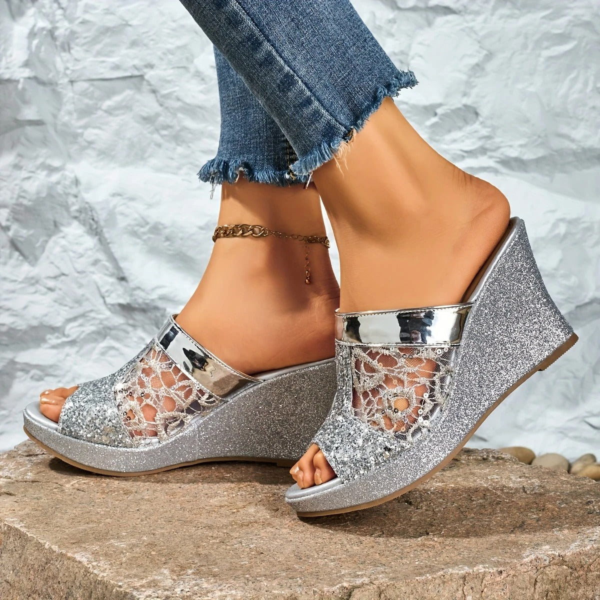 Alexis | Wedge Sandals With Lace Glitter Strap