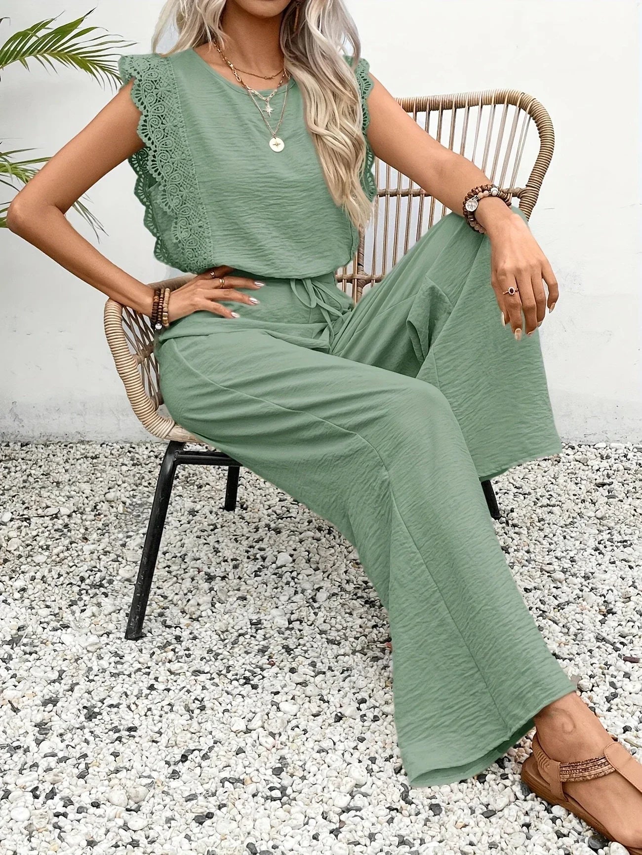 Ziva | Lace Trim Wide Leg Jumpsuit