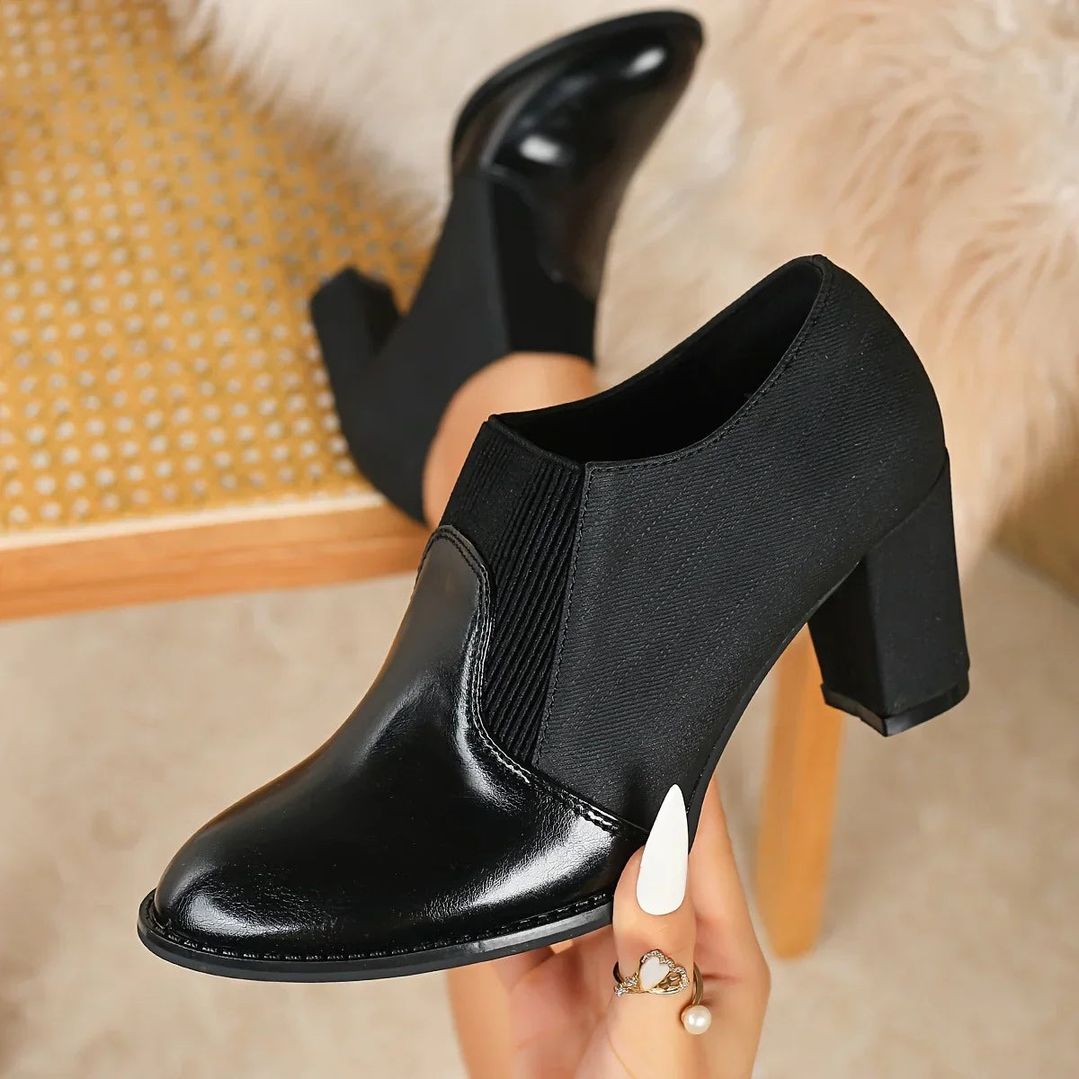 Ulenka | Block Heel Slip-On Ankle Shoes