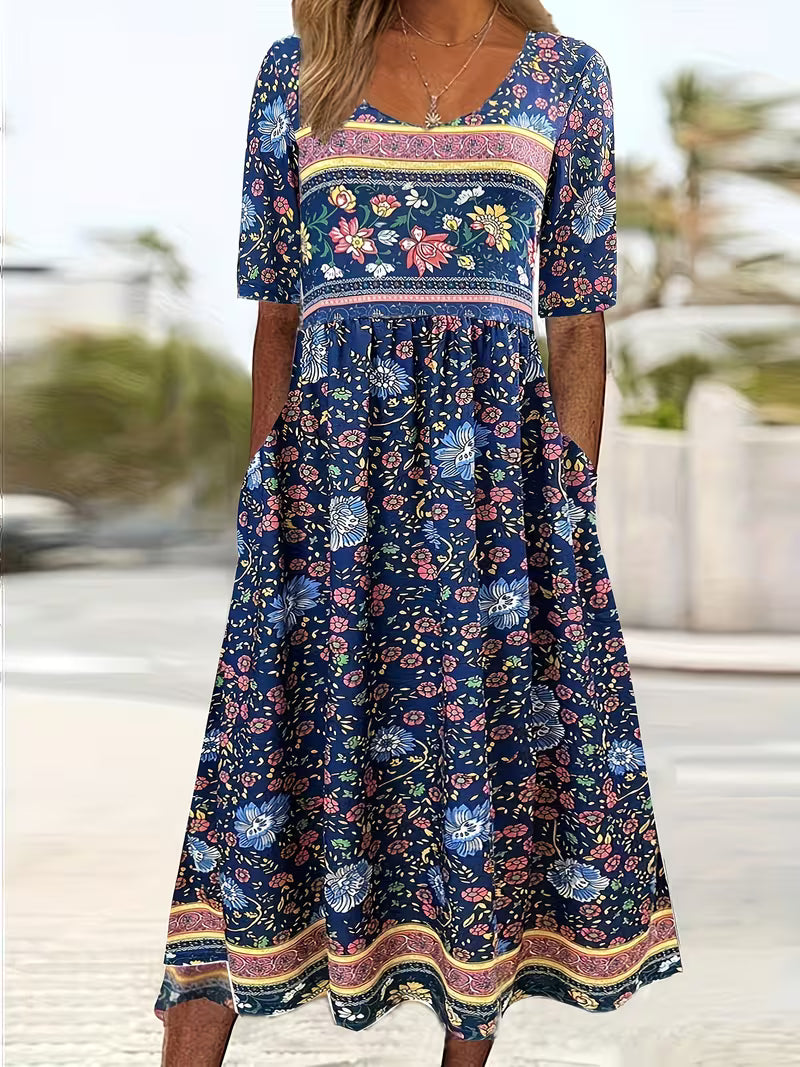 Lisan | Floral Print V-Neck Short Sleeve Midi Dress