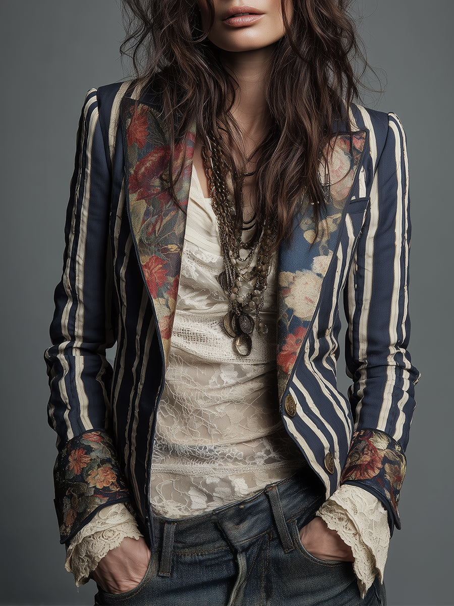 Shalisa - Striped Tailored Lapel Blazer Jacket