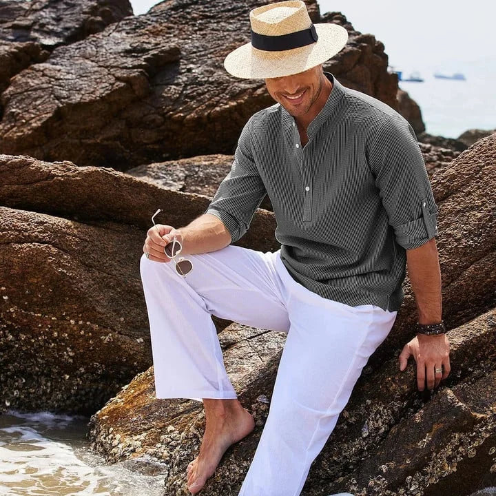 Tjeerd | Textured Henley Stand Collar Shirt