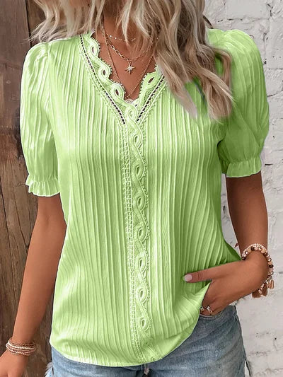 Madelen | V Neck Lace Trim Pleated Blouse