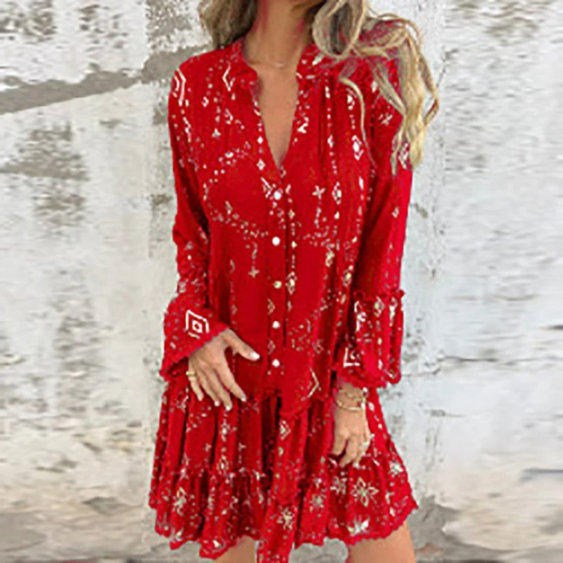 Gillian | Printed V-Neck Ruffle Dress