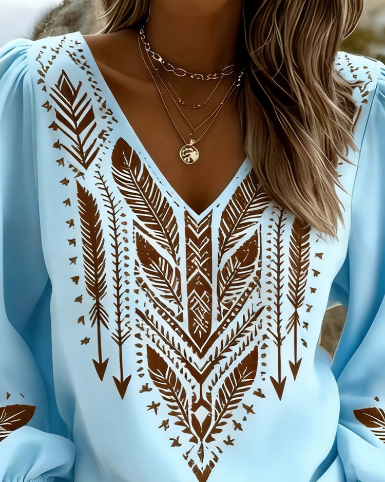 Grazina | Printed V Neck Puff Blouse