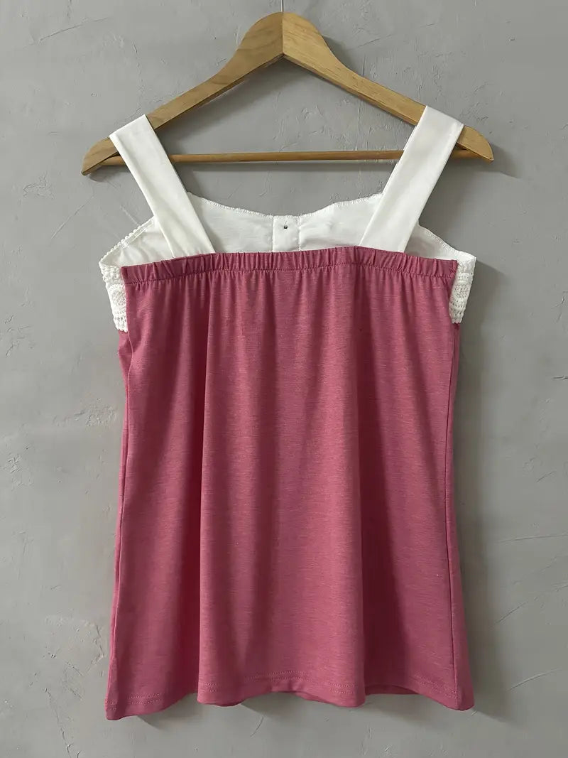 Malinda | Sleeveless Lace Trim Button Tank Top
