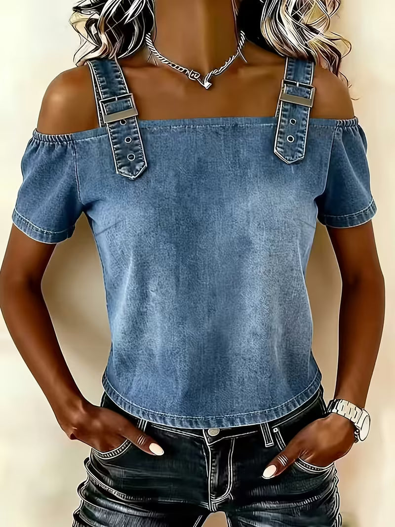 Kenya - Denim Off Shoulder Buckle Strap Top