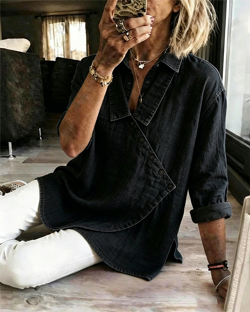 Olizia | Denim-Style Wrap V-Neck Long Sleeve Blouse