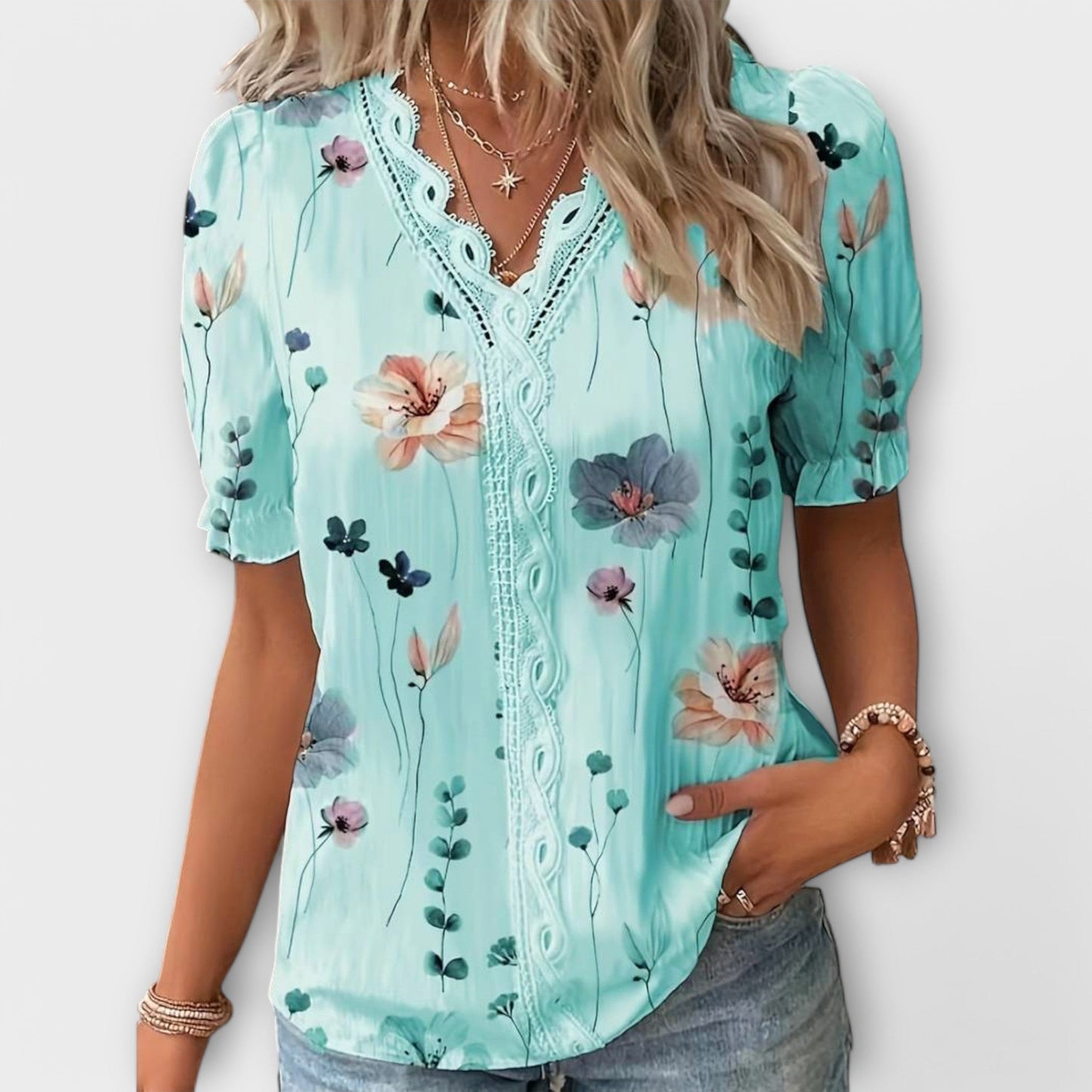 Bruni | Floral Print V Neck Lace Blouse