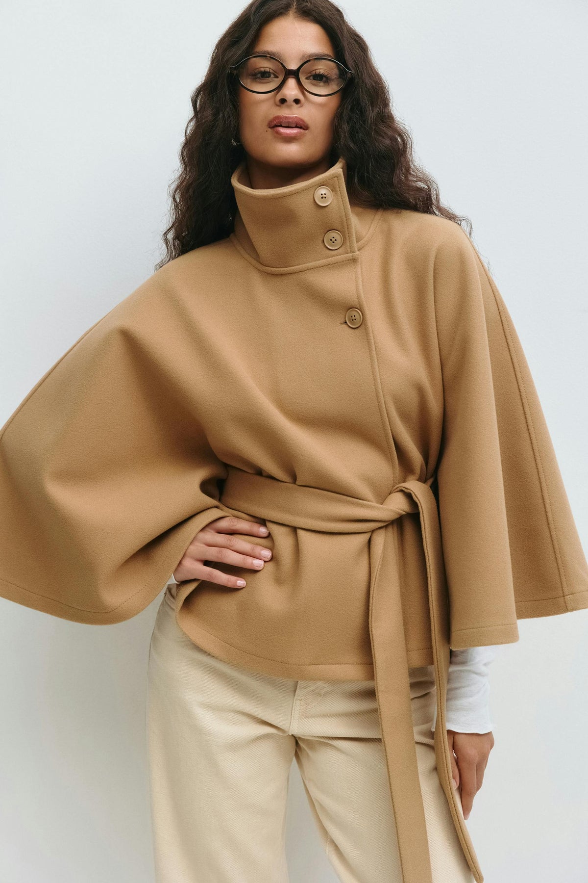 Carole | Cape Stand Collar Belted Button Front