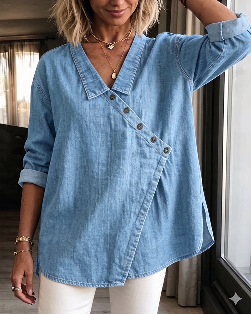 Olizia | Denim-Style Wrap V-Neck Long Sleeve Blouse