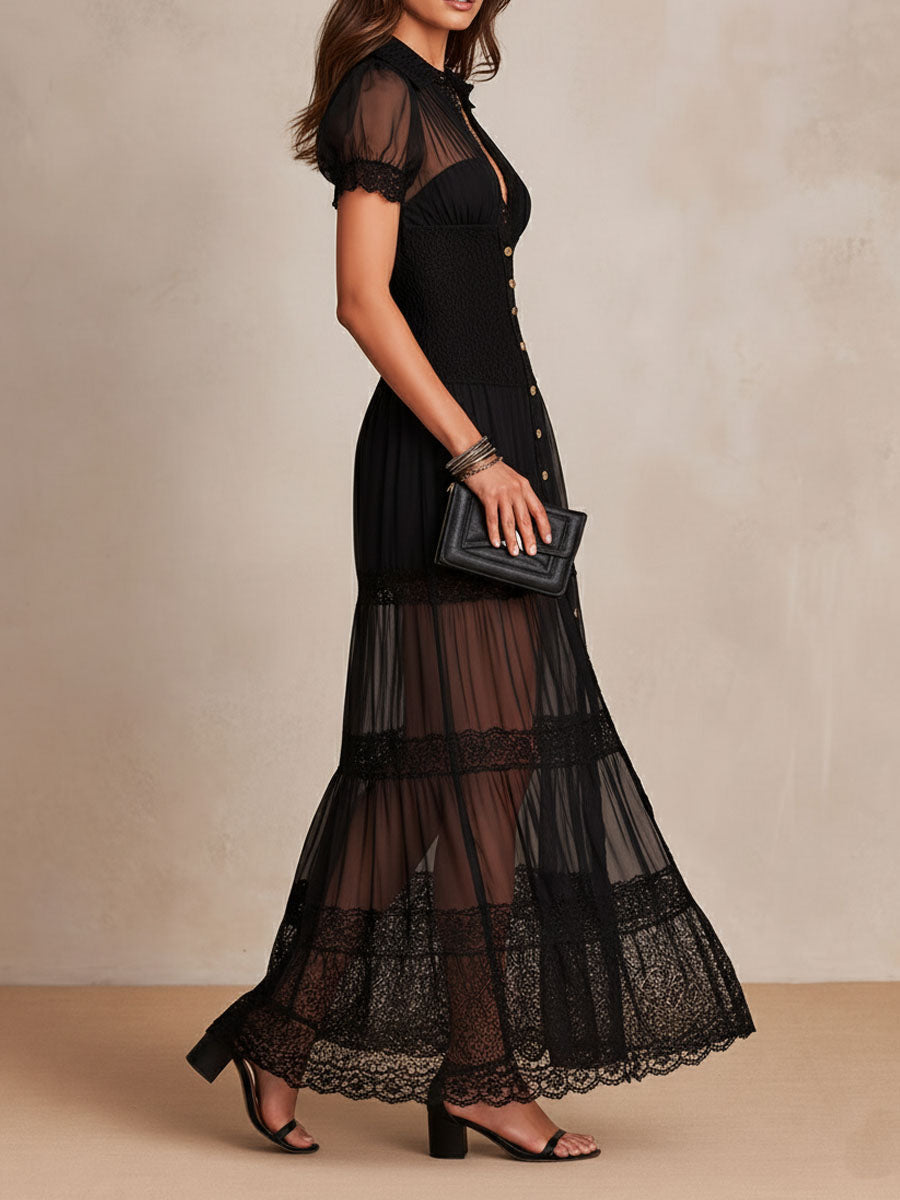 Charuek | Maxi Dress Sheer Lace Button-Front Short-Sleeve